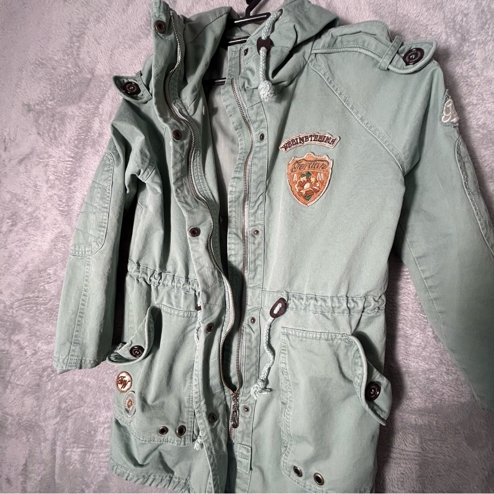 Samansa Mos2 SM2 Jacket Coat Womens XS S Green Zip‎ Snap Hoodie Patches READ - Picture 13 of 16